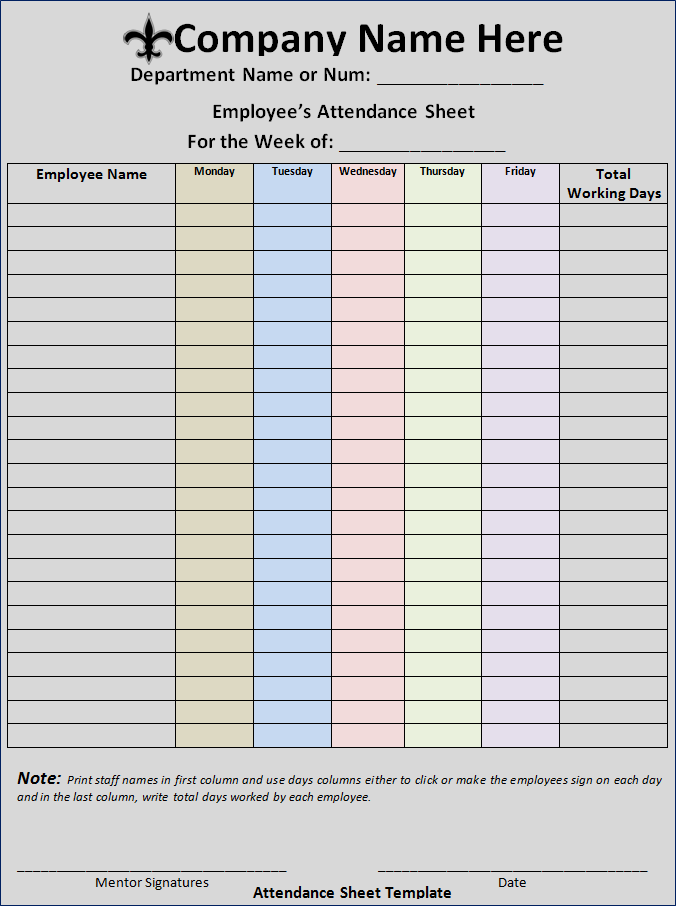 Sample Attendance Sheet Free Word Templates