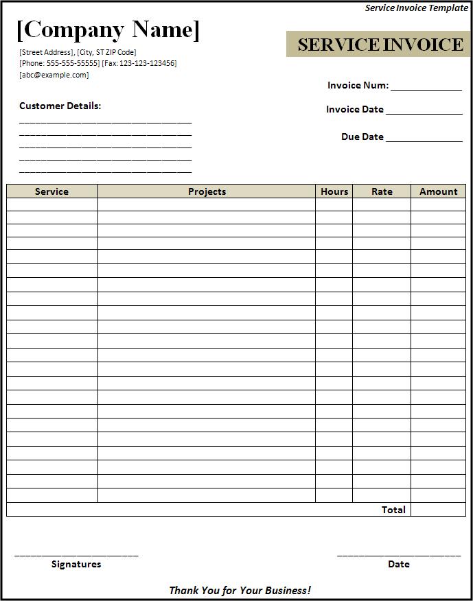 Printable Service Invoice Free Word's Templates