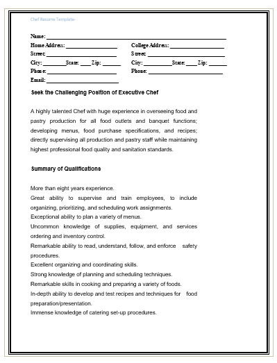 Chef Resume Templates 13 Free Printable Word And Pdf Formats