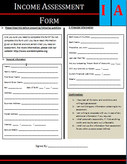 Income Assessment Form | Free Word's Templates
 Income Assessment Form
