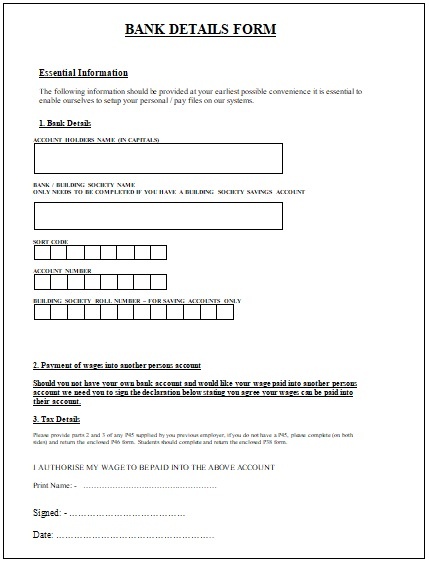 Bank Account Form Sample Free Word Templates