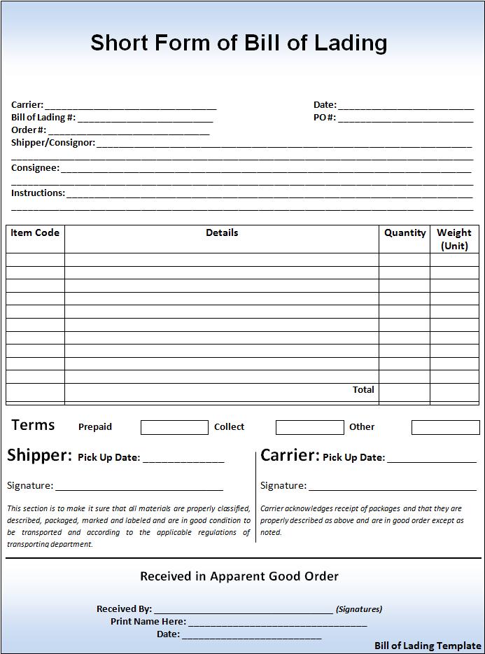 Bill of Lading Sample Free Word Templates