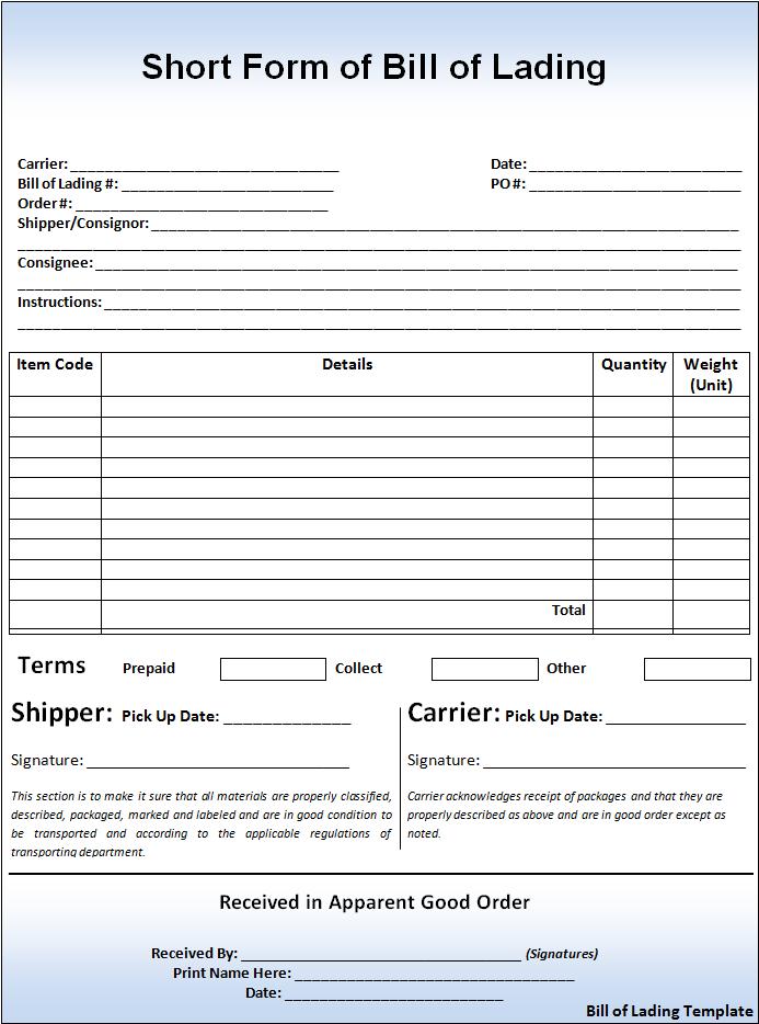 Free Printable Bill Of Lading Template Word