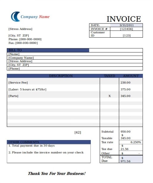 Blank Invoice Template Excel from www.wordstemplates.org