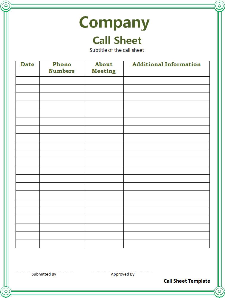 Call Sheet Template Free Word Templates