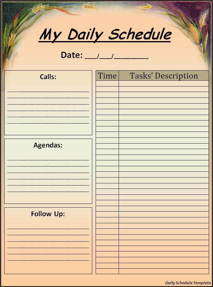 Daily Schedule Sheet Template