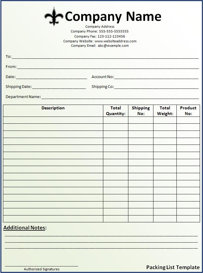 packing list template