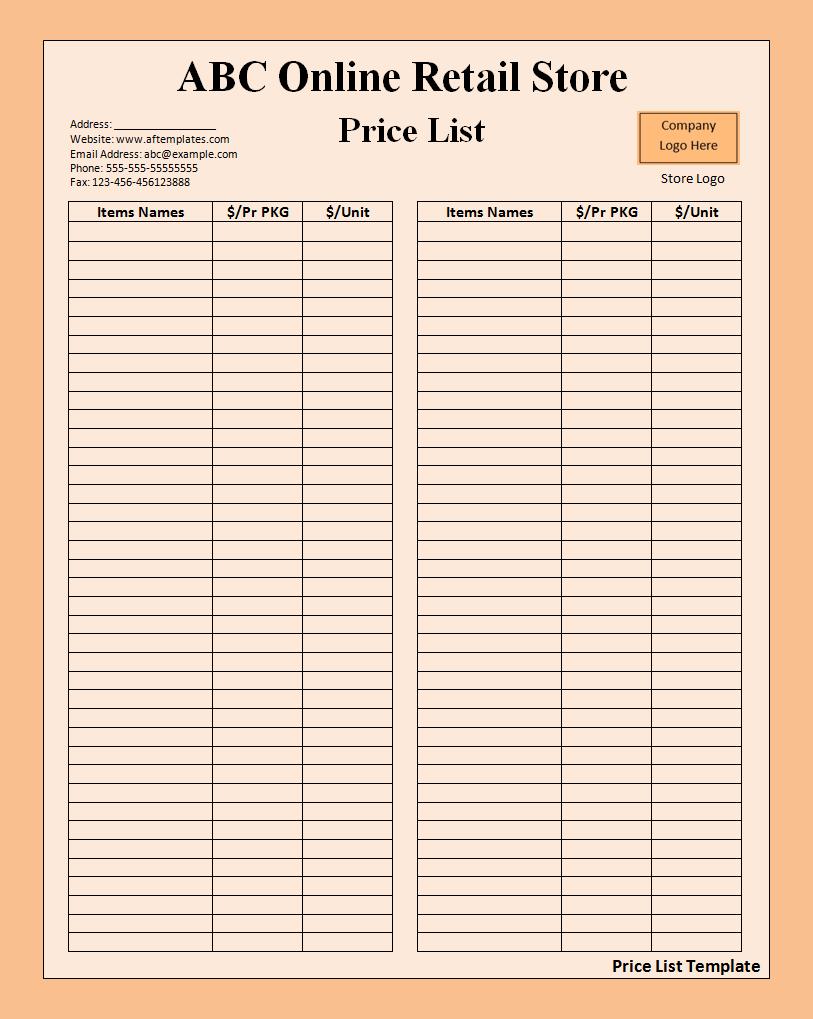 Food Price List Template Free