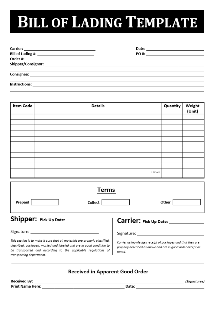 Business Bill of Lading Template