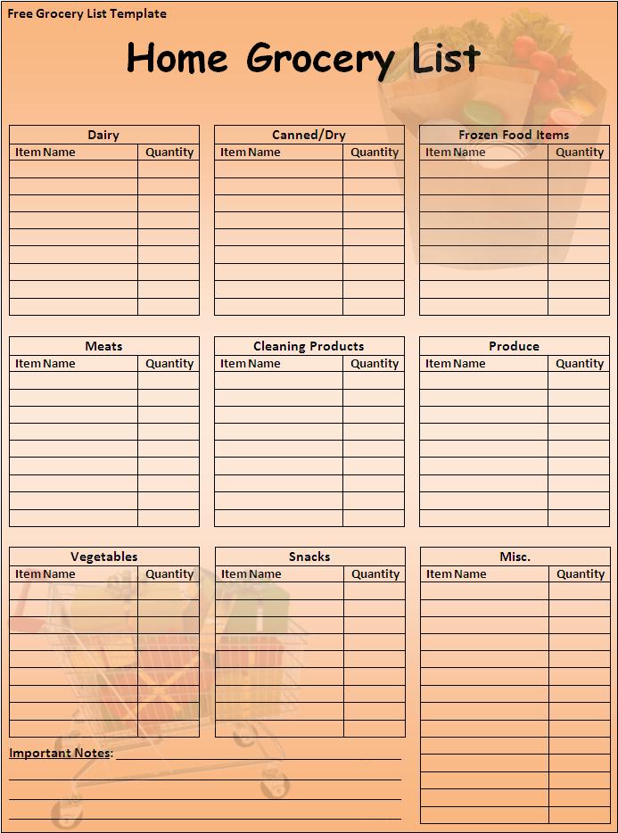 Shopping Grocery List Template