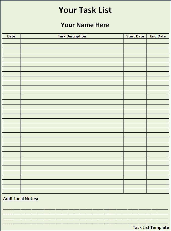 Activity Task List Template