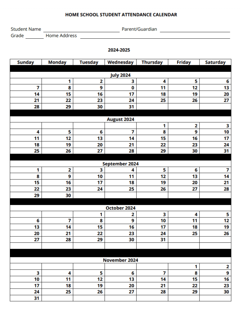 Free School Attendance Calendar Template