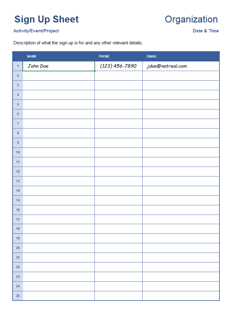 Signup Sheet Template Excel