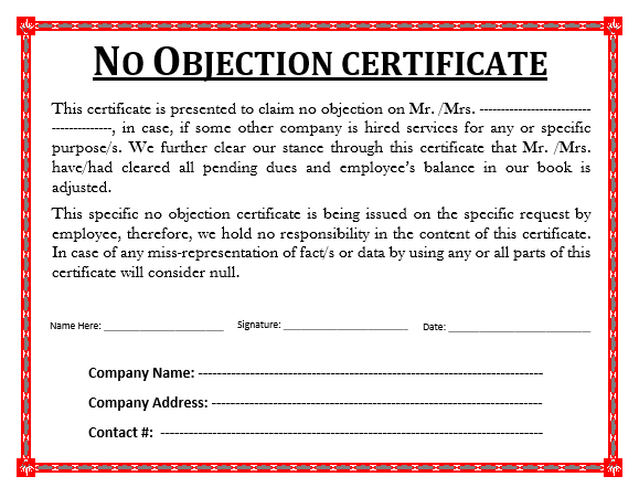 No Objection Certificate Template