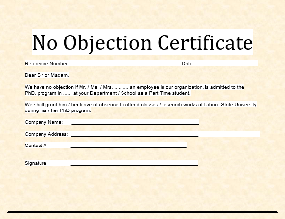No Objection Certificate Template