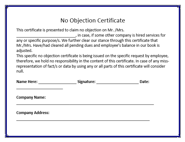 No Objection Certificate Template