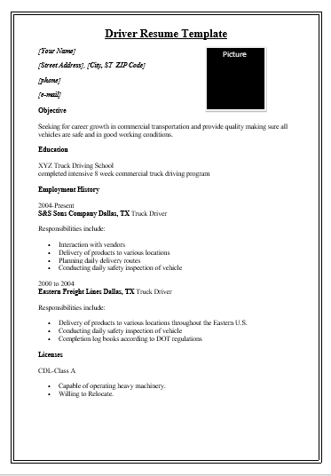 Free Driver Resume Format Free Word Templates