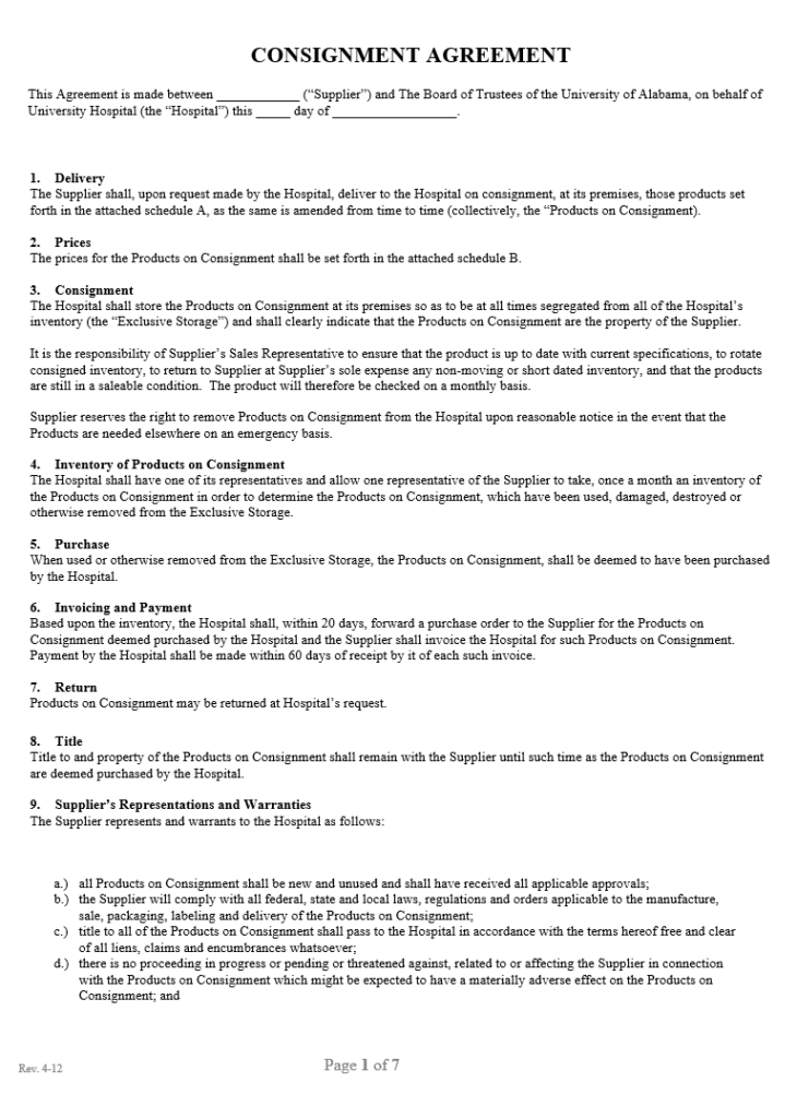 Hospital Consignment Agreement Template