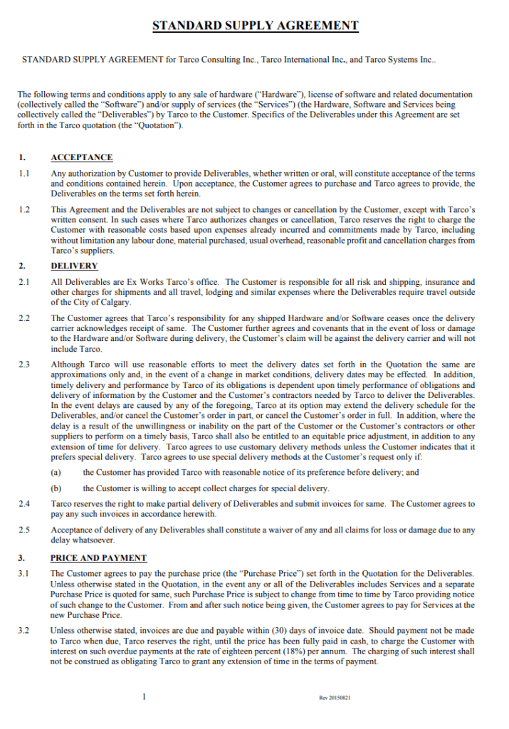 Standard Supply Agreement Template