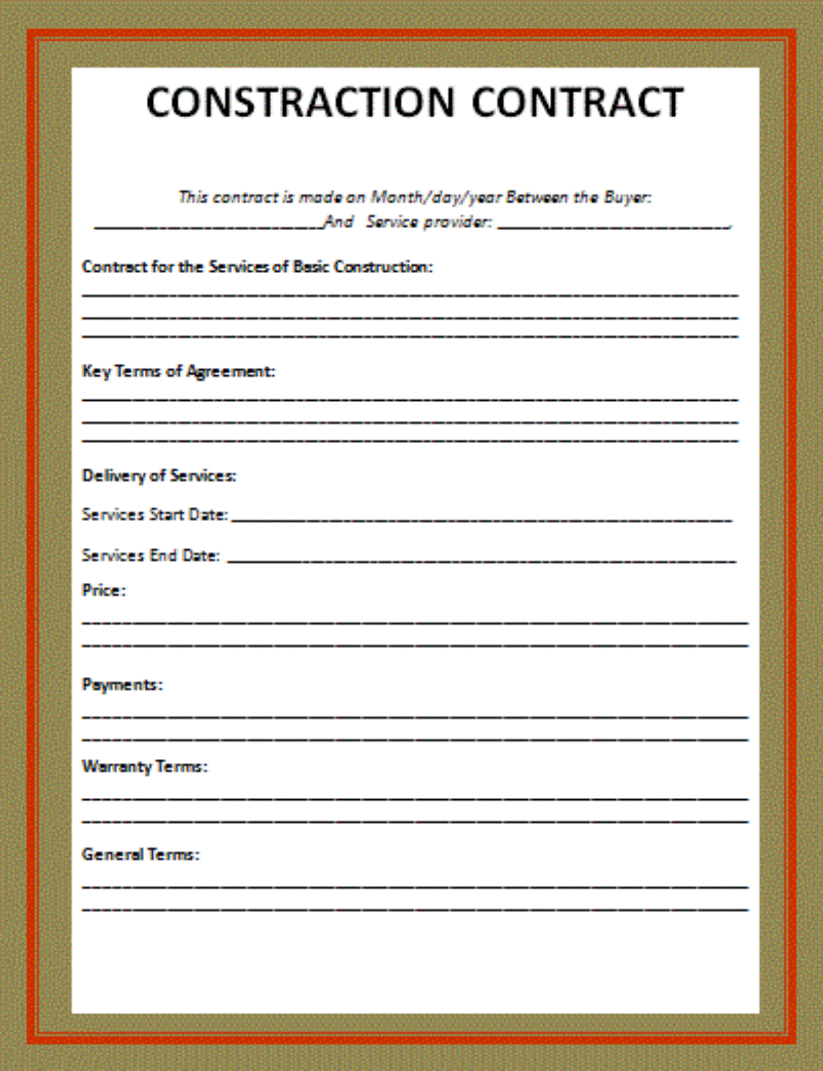 Project Construction Contract Template Free Printable Legal Template