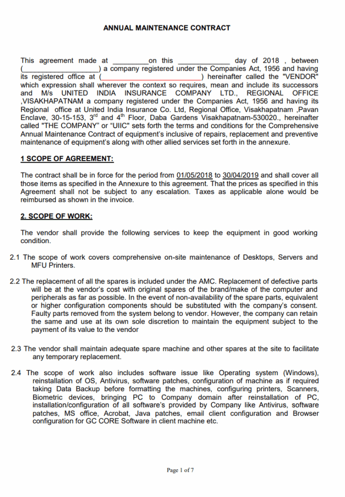Annual Maintenance Contract Template