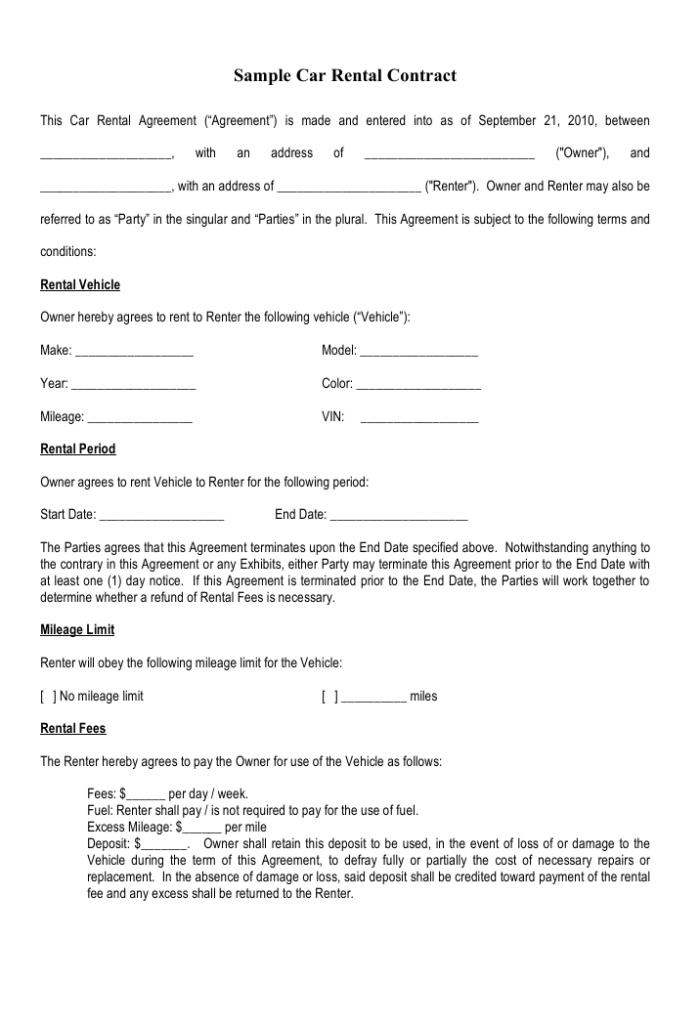 Car on Rent Contract Template