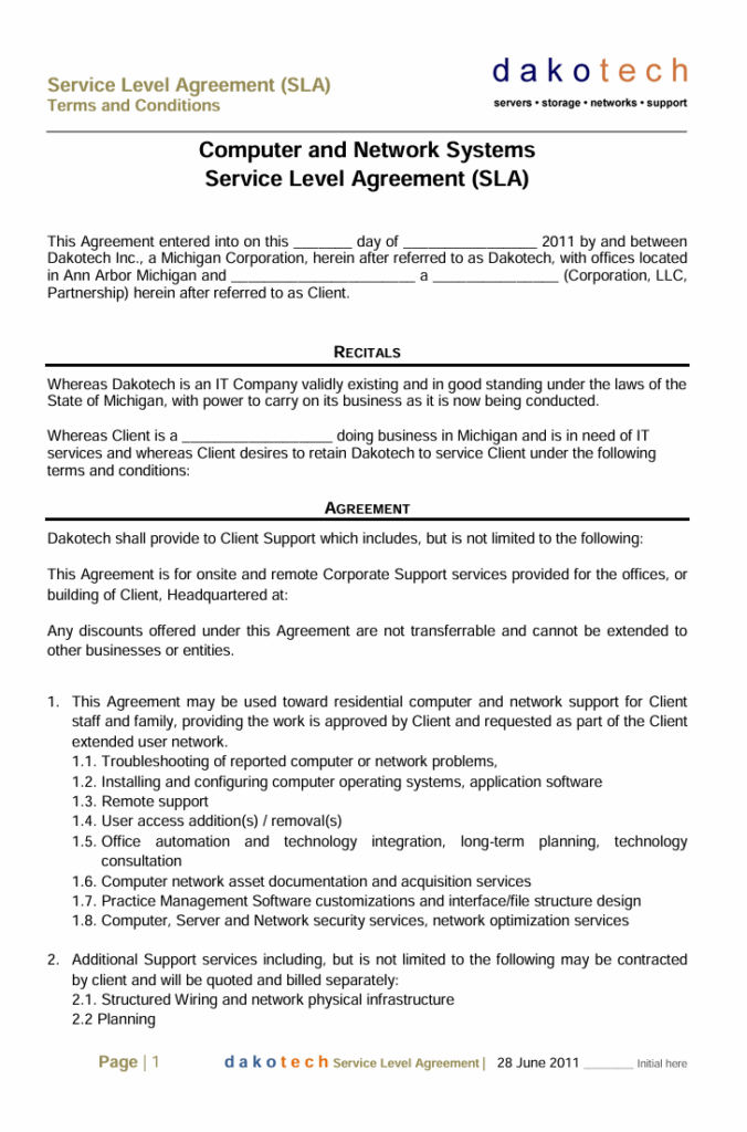 Computer Service-Level Contract Template