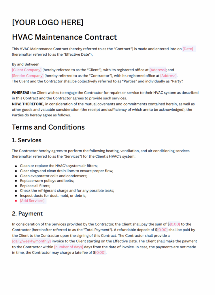 maintenance Contract Format