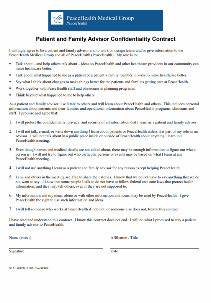 Patient and Family Advisor Confidentiality Contract Template