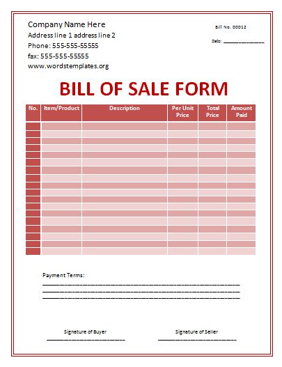 free printable bill of sale templates for merchandise