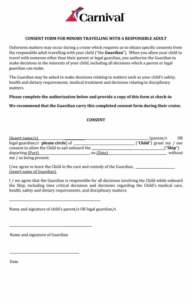 Travel Consent Form With A Responsible Adult
