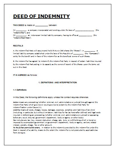 Deed Of Indemnity Letter Free Word Templates