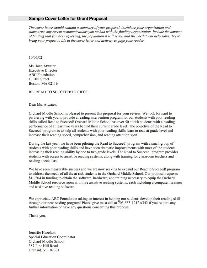 nonprofit grant proposal cover letter sample