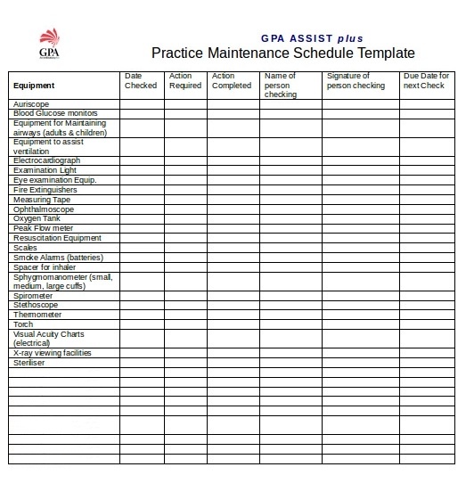 Preventive Maintenance Schedule Chart