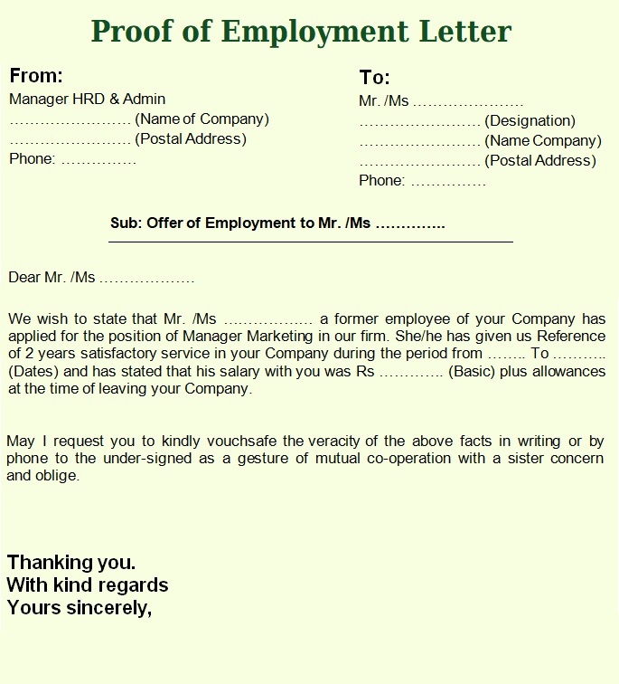 Proof of employment letter Format