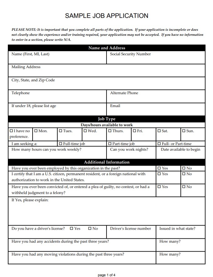 Blank Employment Application Template