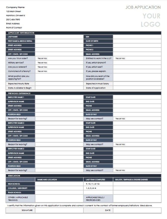 Printable Employment Application Template