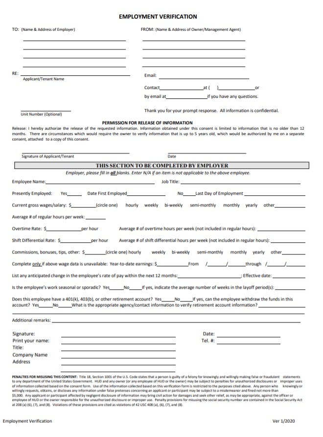 Blank Employment Verification Form