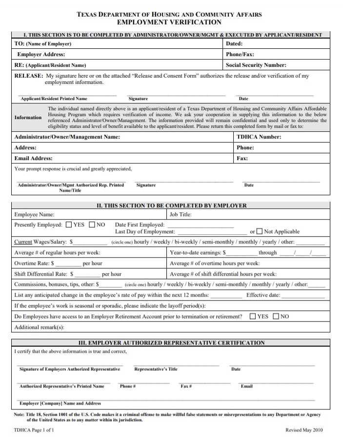 Texas Employment Verification Form