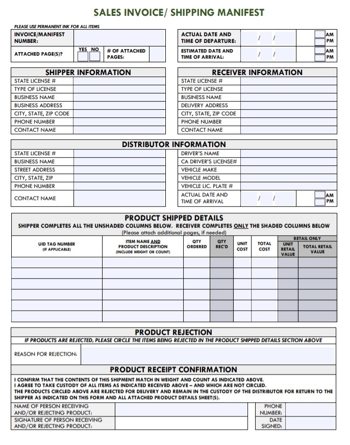 Free shipping manifest templates