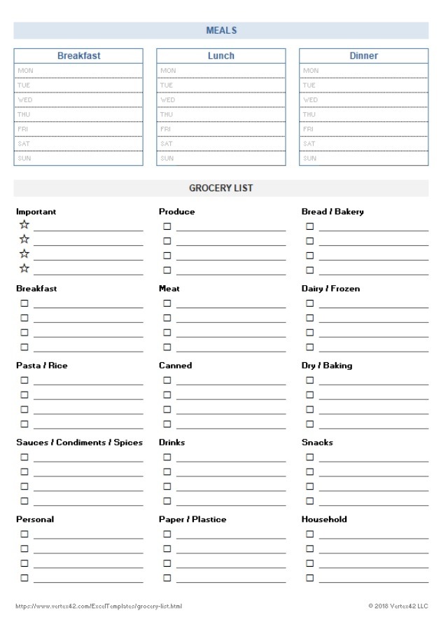 Shopping Meal List Template