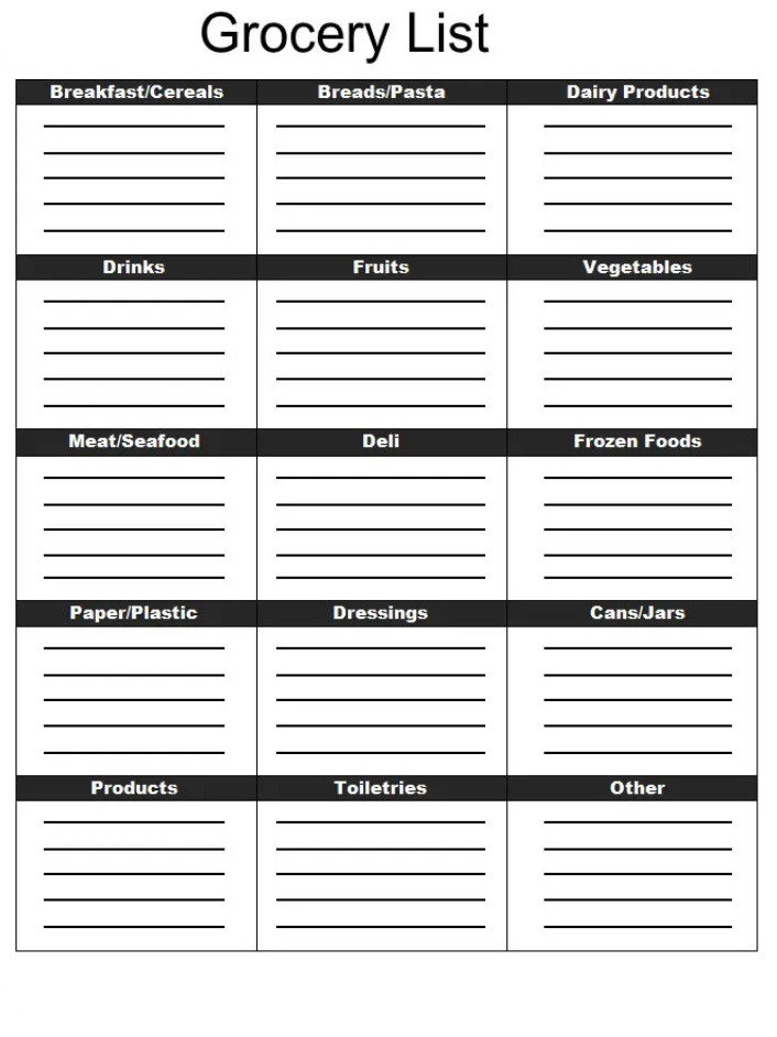Weekly Grocery List Template