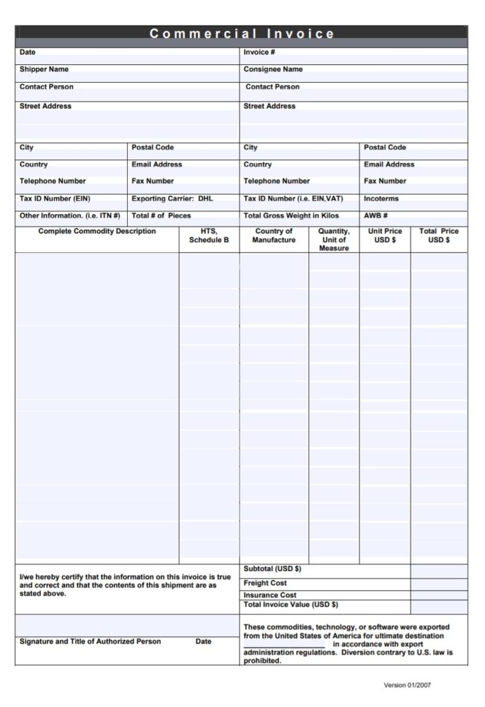 DHL Commercial Invoice Template