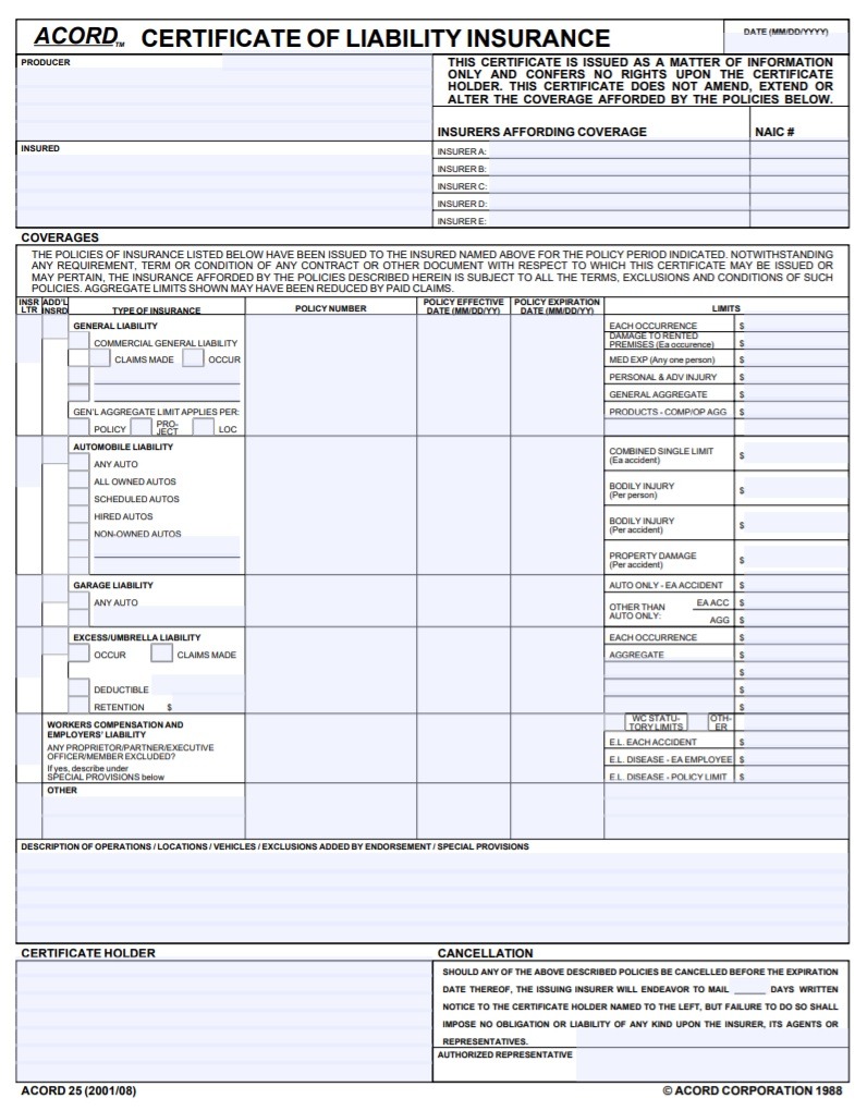 Acord Certificate of Liability Insurance Template