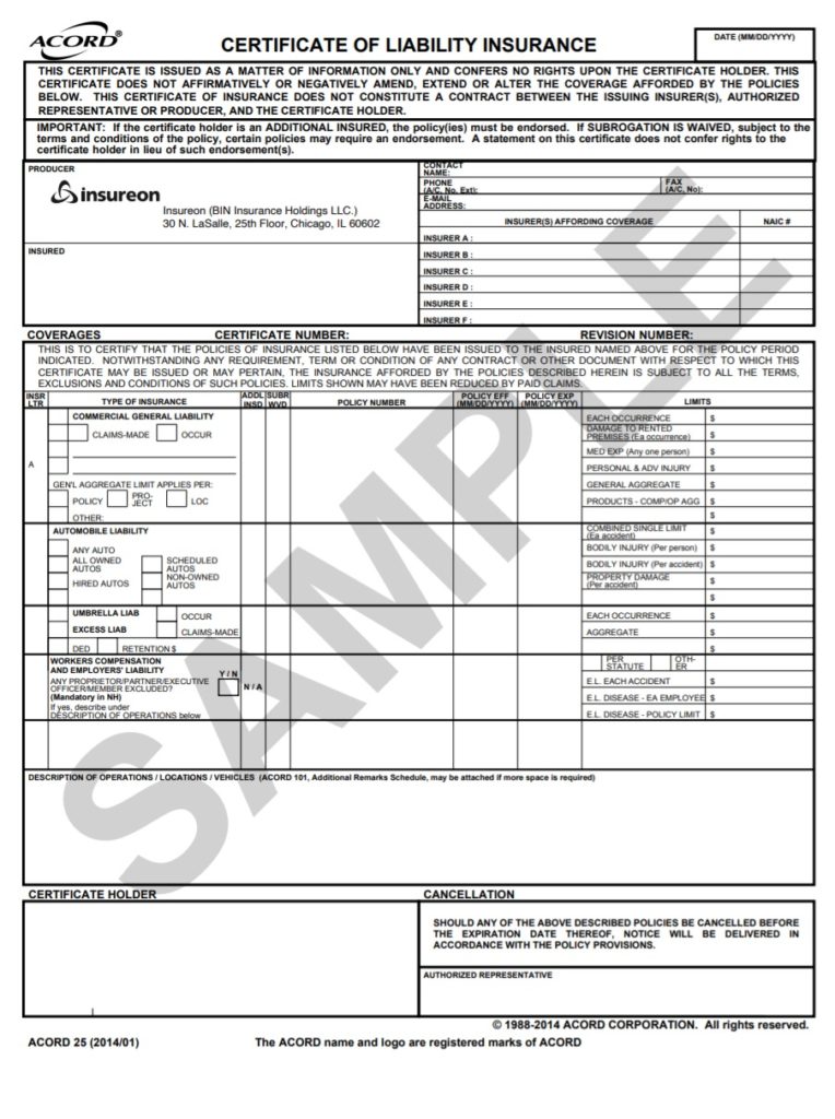 Certificate of Liability Insurance Template