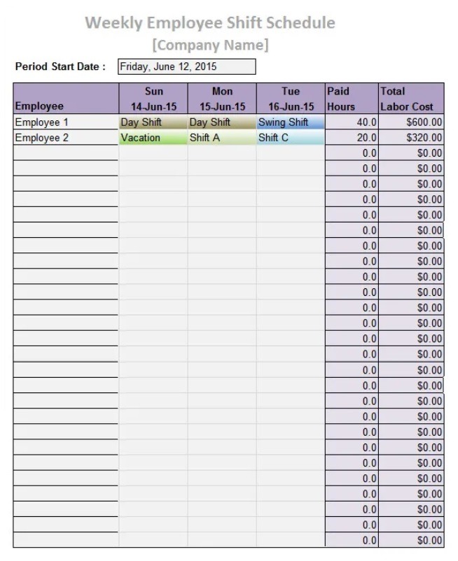 Employee work schedule Template