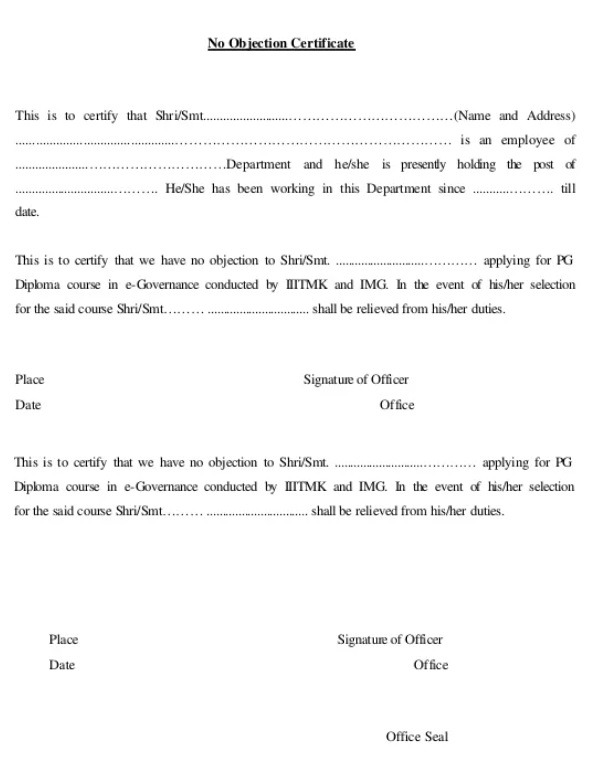 No Objection Certificate Template