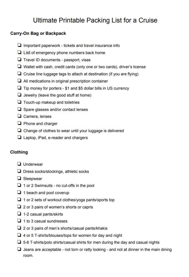 packing list template