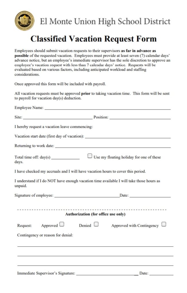 Classified Vacation Request Form