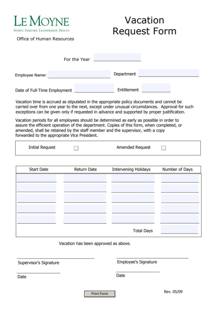 Annual Vacation Request Form | Free Word Templates